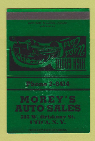 Matchbook Cover - Morey's Auto Sales Utica NY WEAR 40 Strike SAMPLE