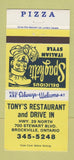 Matchbook Cover - Tony's Restaurant Drive In Brockville ON Pizza 30 Strike