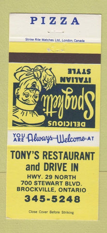 Matchbook Cover - Tony's Restaurant Drive In Brockville ON Pizza 30 Strike