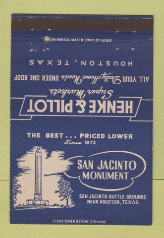 Matchbook Cover - San Jacinto Monument Henke Pillot Grocery Houston TX 40 Strike