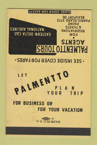 Matchbook Cover - Palmentto Travel Parris Island Beaufort SC 40 Strike SAMPLE