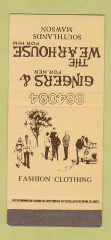 Matchbook Cover - Gingers Clothes Southlands Mawson Australia 30 Strike SAMPLE