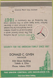 Matchbook Cover - Union Central Life Insurance Toledo OH 40 Strike