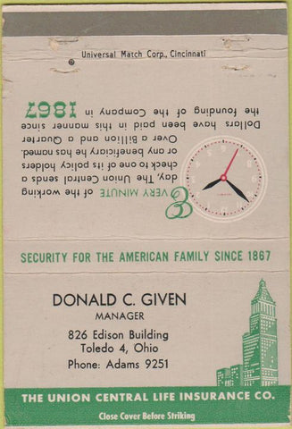 Matchbook Cover - Union Central Life Insurance Toledo OH 40 Strike