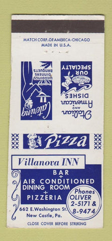 Matchbook Cover - Villanova Inn New Castle PA pizza 30 Strike