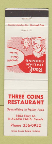 Matchbook Cover - Three Coins Restaurant Niagara Falls ON