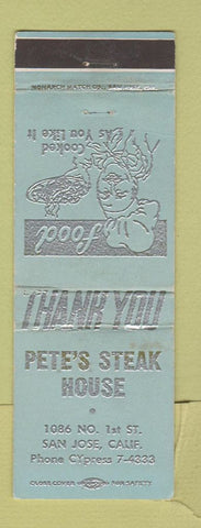 Matchbook Cover - Pete's Steak House San Jose CA