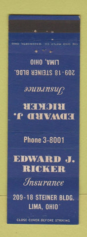 Matchbook Cover - Edward J Ricker Insurance Lima OH