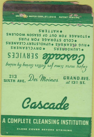 Matchbook Cover - Cascade Laundry Des Moines IA WORN 40 Strike