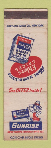 Matchbook Cover - Sunrise Super Markets Grocery LI NY Ehlers Black Peper WEAR