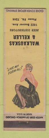 Matchbook Cover - Walkauskas & Keller Beer Distributors pinup Pittsburgh PA
