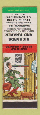 Matchbook Cover - Richards and Knaver Memorials Warwick PA hillbilly