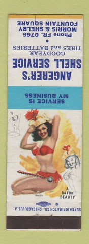 Matchbook Cover - Angerer's Shell oil gas Goodyear Tires pinup Indianapolis IN