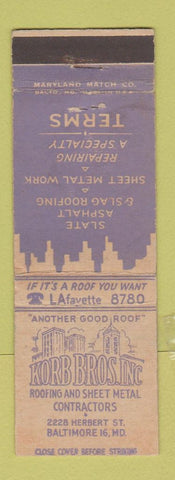 Matchbook Cover - Korb Bros Roofing Sheet Metal Baltimore MD