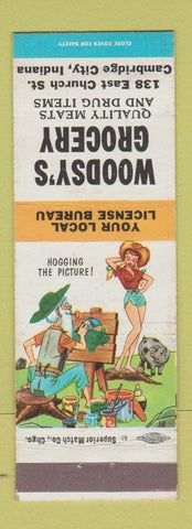 Matchbook Cover - Woodsy's Grocery Cambridge City IN hillbilly