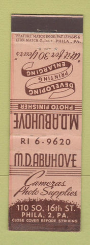Matchbook Cover - MD Abuhove Cameras Photo Supply Philadelphia PA feature