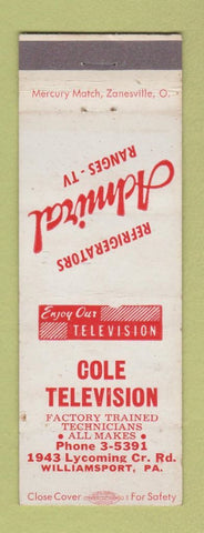 Matchbook Cover - Cole TV Williamsport PA Admiral Refrigerators Ranges TV