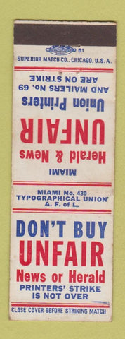 Matchbook Cover - Don't Buy News or Herald Newspaper Miami FL Union