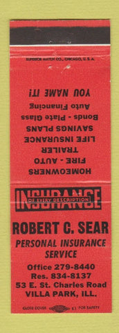 Matchbook Cover - Robert Sear Insurance Villa Park IL