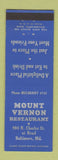 Matchbook Cover - Mount Vernon Restaurant Baltimore MD