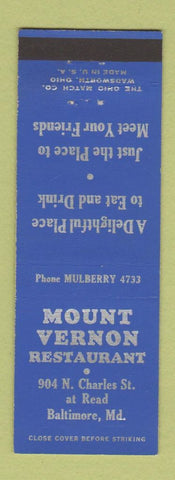 Matchbook Cover - Mount Vernon Restaurant Baltimore MD