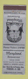 Matchbook Cover - Maryland Restaurant Towson MD