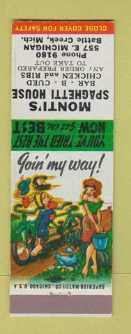 Matchbook Cover - Monti's Spaghetti House Battle Creek MI hillbilly