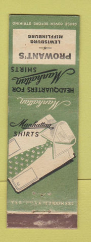 Matchbook Cover - Manhattan Men's Shirts Prowant's Lewisburg Mifflinburg PA