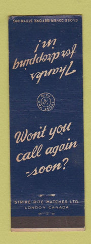 Matchbook Cover - Thanks for Dropping Inn Strike Rite Matches Canada