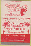 Matchbook Cover - Royal Palm Club Burlington WI Plush Horse 40 Strike