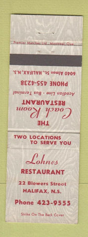 Matchbook Cover - Lohnes Restaurant Halifax NS Coach Room