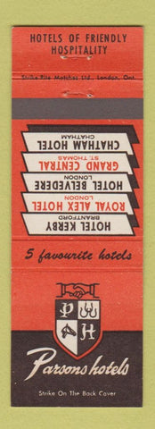 Matchbook Cover - Parsons Hotels Chatham London St Thomas Brantford ON