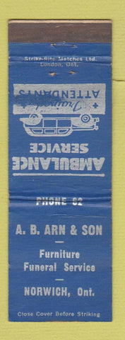 Matchbook Cover - AB Arn & Son Furniture Funeral Ambulance Norwich ON