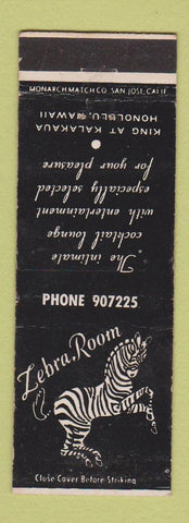 Matchbook Cover - Zebra Room Honolulu Hawaii