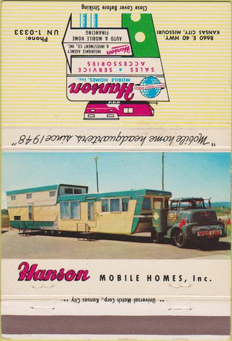 Matchbook Cover - Hanson Mobile Homes Kansas City MO trailers 40 Strike