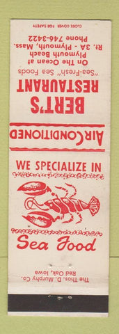 Matchbook Cover - Bert's Restaurant Plymouth MA lobster