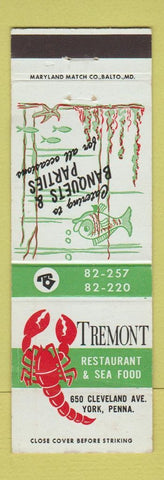 Matchbook Cover - Tremont Restaurant York PA lobster