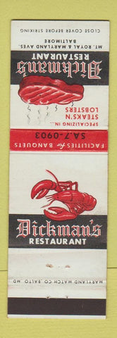 Matchbook Cover - Dickman's Restaurant Baltimore MD lobster