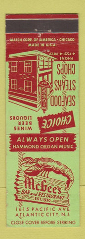 Matchbook Cover - McGee's Bar Restaurant Atlantic City NJ