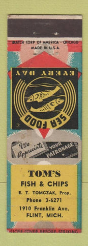 Matchbook Cover - Tom's Fish and Chips Flint MI POOR BACK