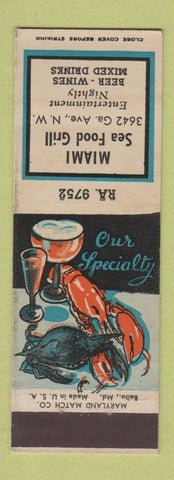 Matchbook Cover - Miami Seafood Grill  Washington DC