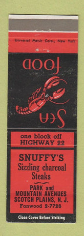 Matchbook Cover - Snuffy's Restaurant Scotch Plains NY lobster