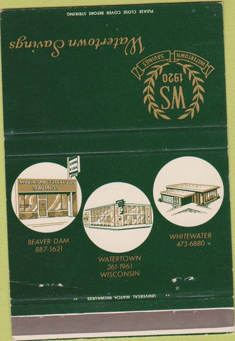 Matchbook Cover - Watertown Savings WI Beaver Dam Whitewater 40 Strike