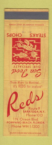 Matchbook Cover - Reds Restaurant Seafood Pompano Beach FL Saratoga NY