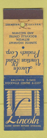 Matchbook Cover - Lincoln Venetian Blind Products Rockville Center Baldwin NY