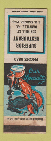 Matchbook Cover - Superior Restaurant Danville PA lobster
