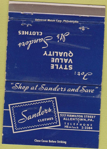 Matchbook Cover - Sanders Clothes Allentown PA WORN 40 Strike