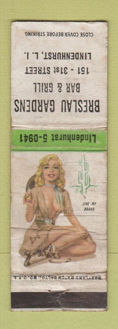 Matchbook Cover - Breslau Gardens Bar Grill Linderhurst LI NY pinup POOR