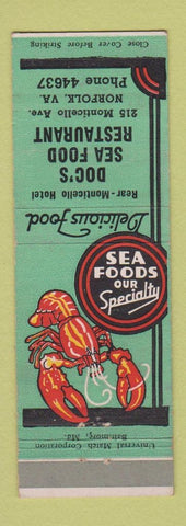 Matchbook Cover - Doc's Seafood Restaurant Norfolk VA lobster