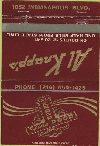 Matchbook Cover - Al Knapp's Restaurant Roby IN 40 Strike